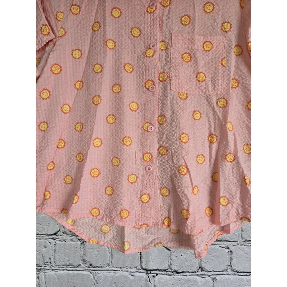 Life Is Good Sleep Cotton Blend Sunshine Smiling Sun Graphic Print Button Up Top - Picture 3 of 10